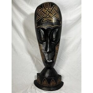 Hand Carved Authentic African Mask‎ 24" Tall Wood Statue Black Gold Accents
